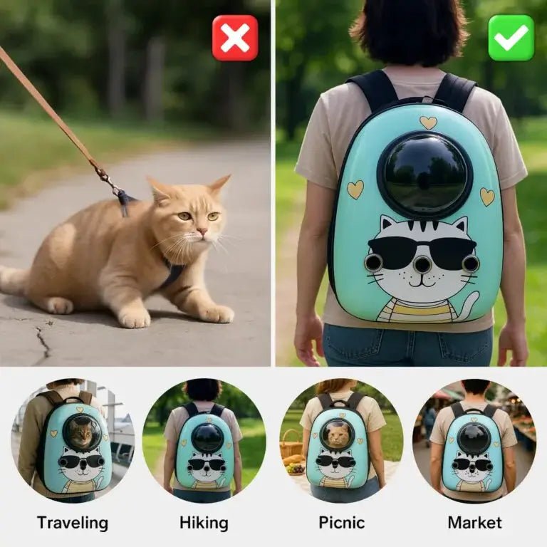 Cartoon cat backpack pet carrier with transparent bubble window and ventilation mesh — view 4